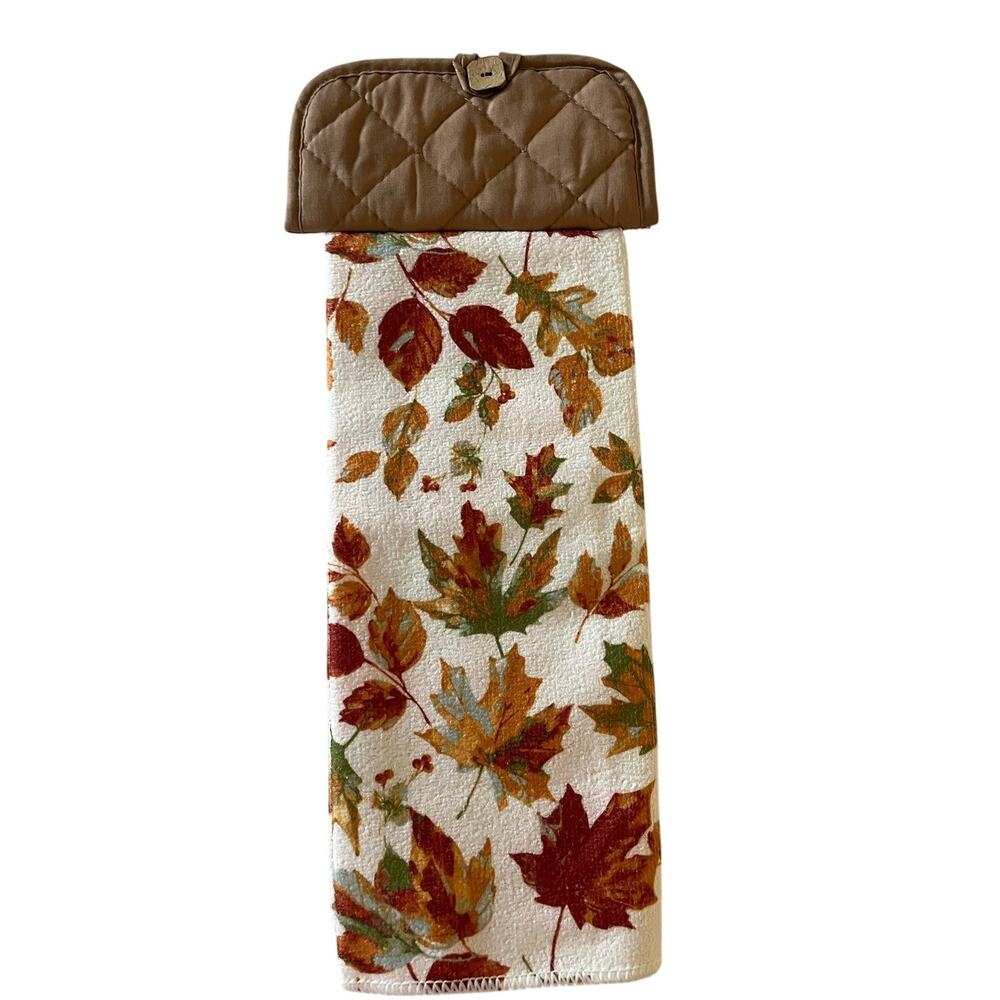 Handmade Fall Leaves Hanging Towel Coconut Shell Button Brown Thanksgiving